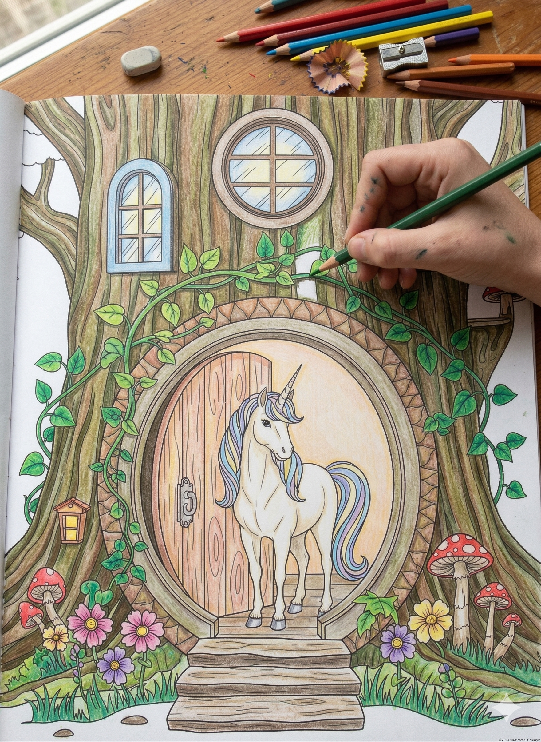 Hands coloring a beautiful coloring page with colored pencils
