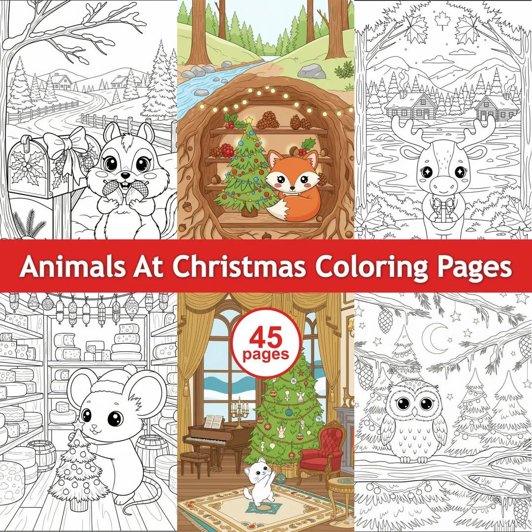 Christmas Coloring Pages: Kawaii Cute Animals Book, Printable PDF Instant Download Holiday Activity