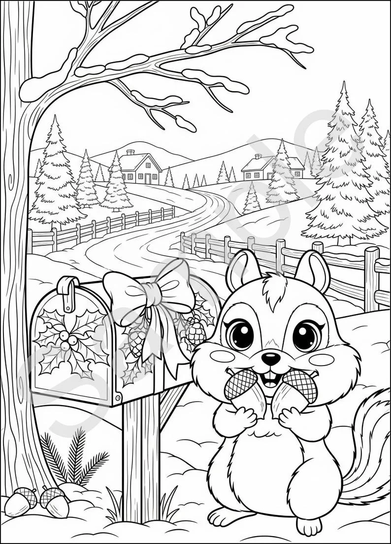 Thumbnail 3 for Christmas Coloring Pages: Kawaii Cute Animals Book, Printable PDF Instant Download Holiday Activity