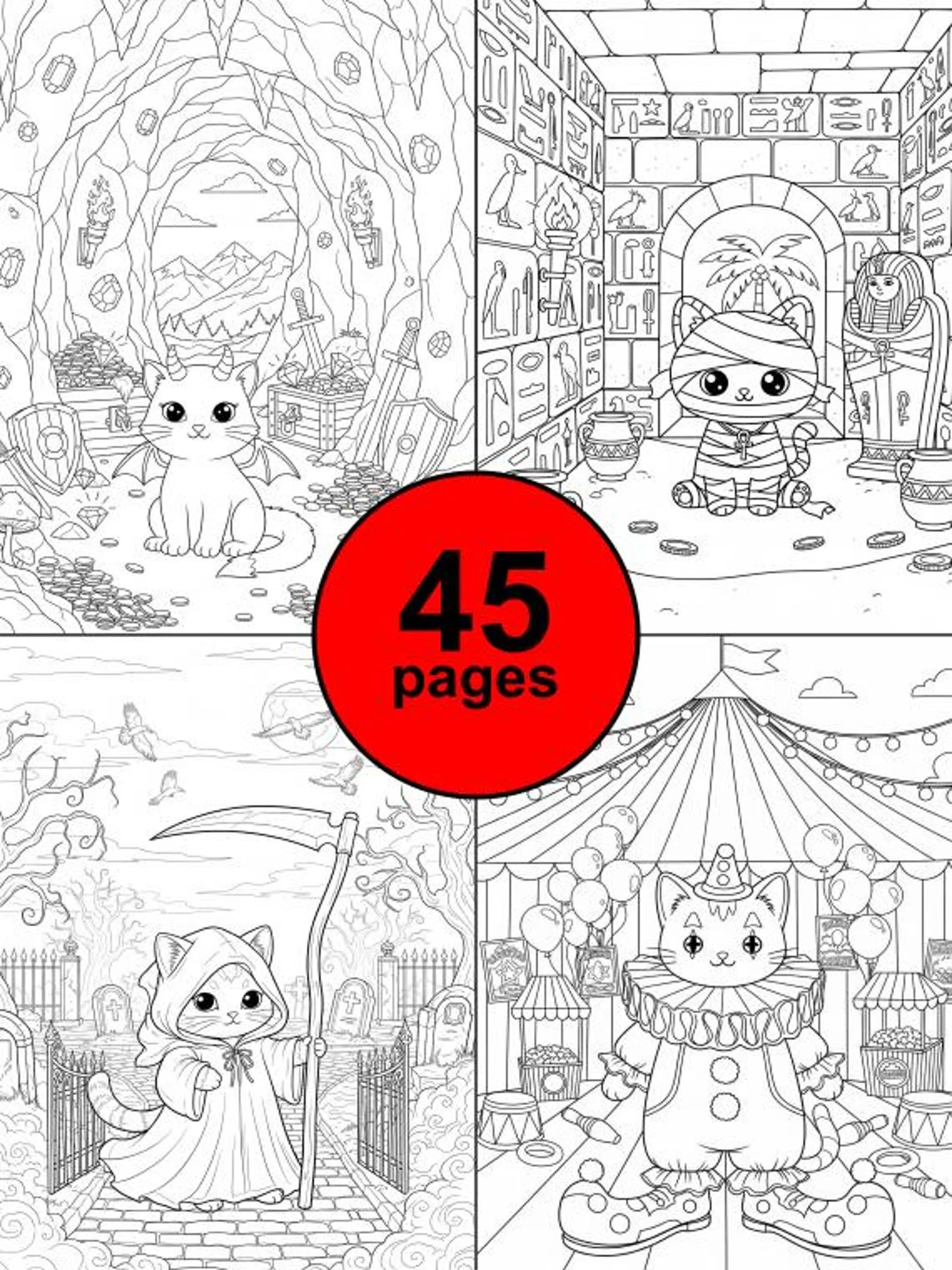 Kawaii Coloring Pages: Spooky Cats, Printable PDF Activity for Kids & Teens